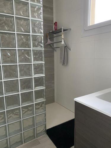 Un baño con estantes de vidrio transparente y un lavabo. en Home in Oiry, en Oiry