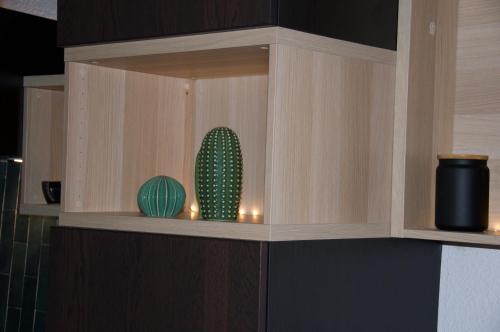 a wooden cabinet with a cactus and candles in it at Maison Georges Couthon in Orcet