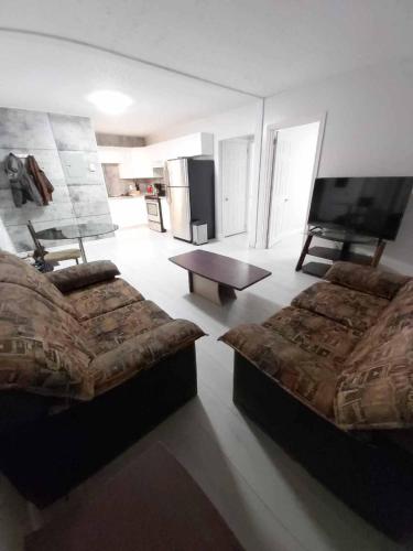 a living room with two beds and a tv at Le Cardinal in Rouyn