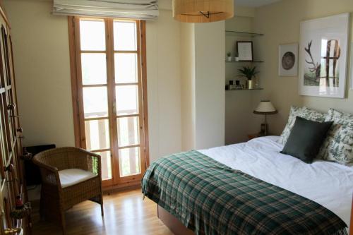 ビエスカスにあるApartamentos Valle de Tena - Biescasのベッドルーム1室(ベッド1台、椅子、窓付)