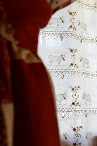 a man standing in front of a curtain with animals on it at Vieilles Maisons D'Introd in Introd