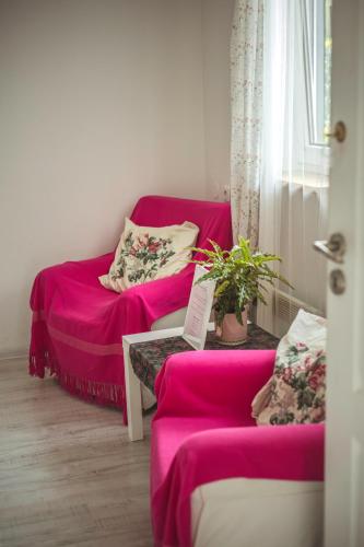a living room with pink sheets and a couch at 4 Couples & 4 Friends Hostel in Krakow