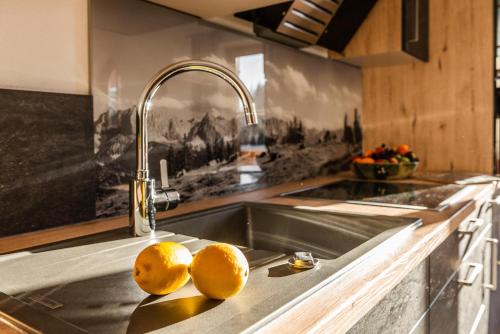 a kitchen with a sink with two lemons on it at Ferienwohnungen Anton Geierstanger in Wallgau