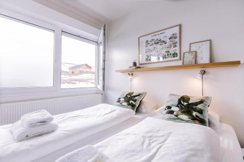 Hlid Bed and Breakfast في ميفاتن: غرفة نوم بسريرين ونافذة