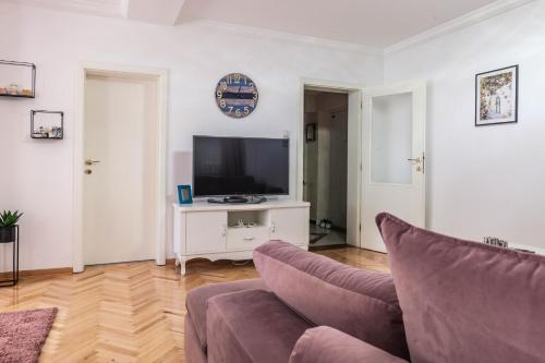 ein Wohnzimmer mit einem Sofa und einem TV in der Unterkunft Apartman Jana in Bijeljina