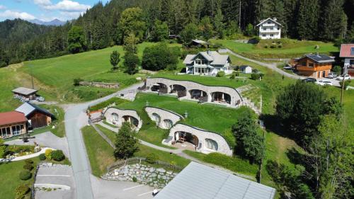 an aerial view of a house with a green yard at Himmelsbögen und Apartments mit Seeblick und Alleinlage in Weissensee