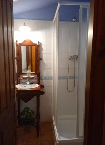 a bathroom with a sink and a mirror and a shower at Casa La Tornagua in Biescas