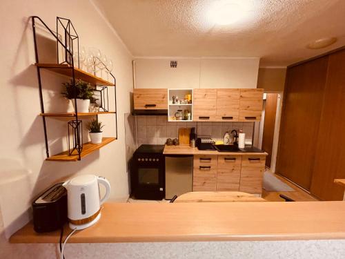 a small kitchen with wooden cabinets and a stove at Apartamenty KTW Park Śląski Luksusowy PRL in Katowice