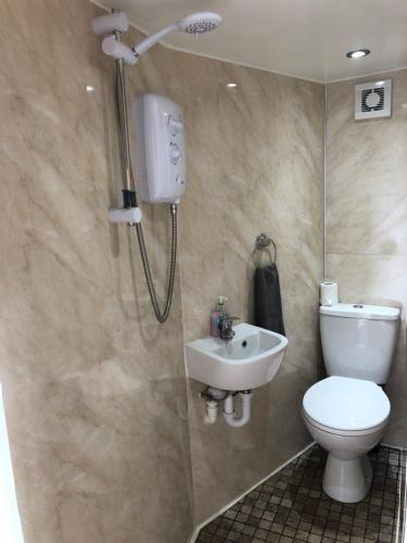 La salle de bains est pourvue d'une douche, de toilettes et d'un lavabo. dans l'établissement Hilltop Hideaway - Secluded pod with private hot tub, à Newry