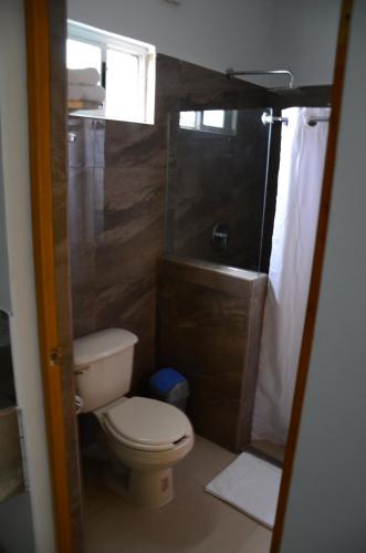 y baño pequeño con aseo y ducha. en HOTEL MONARCA en Ciudad Victoria