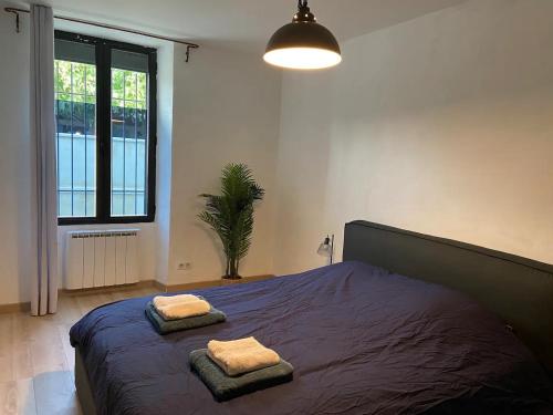 une chambre avec un grand lit avec deux serviettes dessus dans l'établissement Appartement agréable proche de toutes commodités, à Morières-lès-Avignon