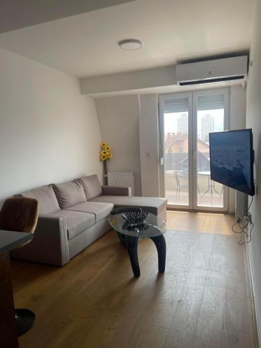 a living room with a couch and a table and a tv at Apartment Lazar in Skopje