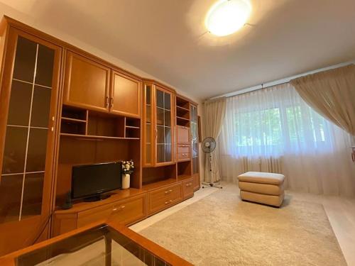 a living room with wooden cabinets and a television at Lovely & quiet 1-bedroom condo with free parking in Bucharest