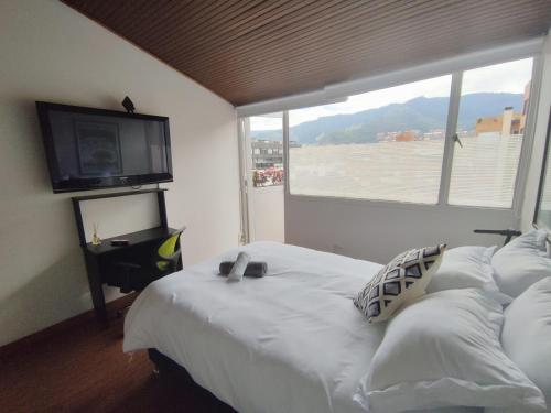1 dormitorio con 1 cama grande y TV en la pared en HABITACION 8 AMPLIA baño y balcón privado UNICENTRO, en Bogotá
