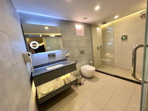 W łazience znajduje się umywalka, toaleta i lustro. w obiekcie Petra Sella Hotel w mieście Wadi Musa