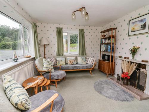 a living room with a couch and a fireplace at Llwynon in Aberystwyth