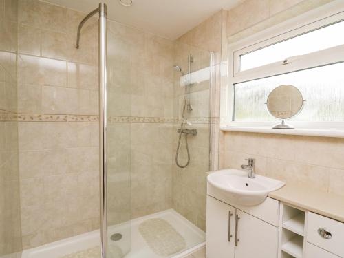 a bathroom with a shower and a sink at Llwynon in Aberystwyth