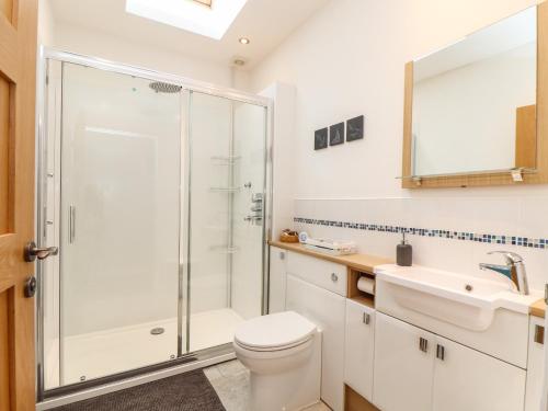 a bathroom with a shower and a toilet and a sink at Bryher Cottage in Helston