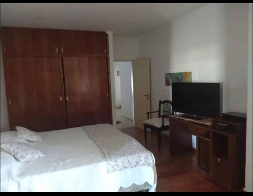 1 dormitorio con 1 cama y escritorio con TV en Casa vero en San Antonio de Areco