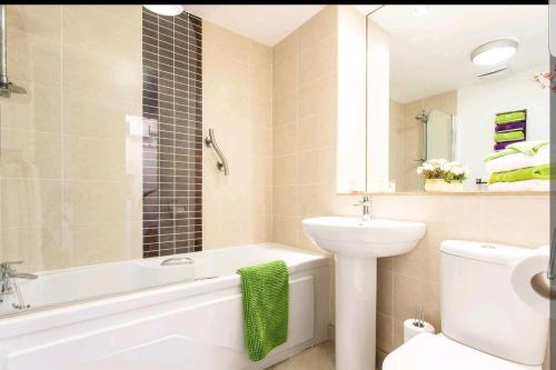 e bagno con vasca, servizi igienici e lavandino. di Victoria Place apartment a Belfast