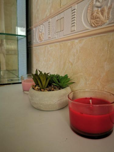 a table with two candles and a potted plant at L'Address in Cotonou