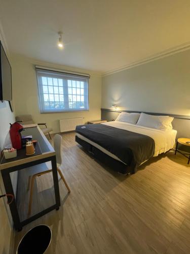 a bedroom with a bed and a desk and a television at Almasur Punta Arenas in Punta Arenas