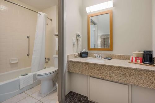a bathroom with a toilet and a sink and a mirror at Best Western University Inn in Tuscaloosa