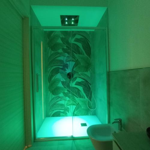 a bathroom with a shower with a glass wall at Alloggio nuovissimo al centro e rilassante in Ischia