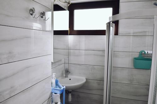 La salle de bains est pourvue d'un lavabo et d'une cabine de douche. dans l'établissement Wczasy u Gospodarza na Kaszubach, à Kistowko