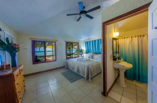 1 dormitorio con 1 cama, lavamanos y ventilador de techo en Blue Marlin Beach Resort, en Dangriga