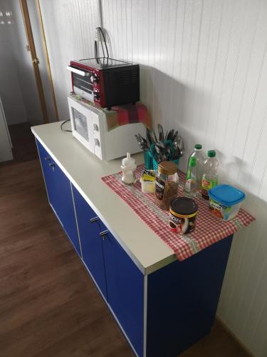 a kitchen counter with a microwave on top of it at Hostal y Cabañas Maribel Zuñiga in Valdivia