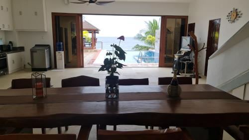 八打雁的住宿－Beachfront Vacation Villa with Infinity Pool，餐桌上摆放着植物