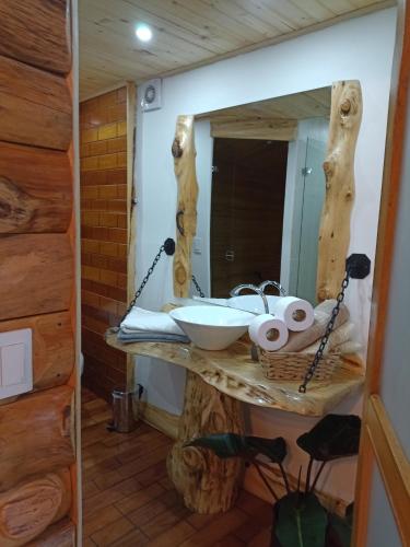 a bathroom with a sink and a mirror at Cabaña en la calera el Pinar in La Calera