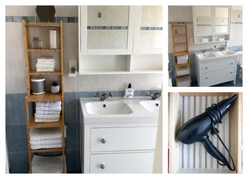 duas fotografias de uma casa de banho com lavatório e toalhas em Maison de ville située à 8 kms du Mont St Michel em Pontorson