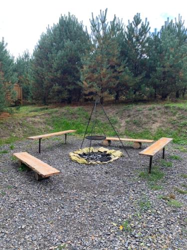 a park with benches and a fire and a fire pit at Roztocze- Domki w Zagajniku in Blizów