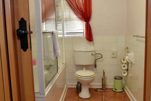 a small bathroom with a toilet and a shower at Villa Moria Romance in Dullstroom
