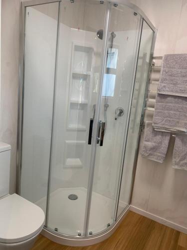 a shower stall in a bathroom with a toilet at Bellevue Haven in Masterton