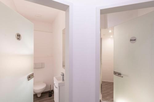 ein weißes Bad mit einem WC und einer Dusche in der Unterkunft Apartment Düsseldorf in Düsseldorf