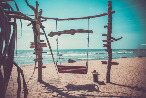 a swing on the beach with the ocean in the background at Infinity of Sri Lanka in Paiyagala South