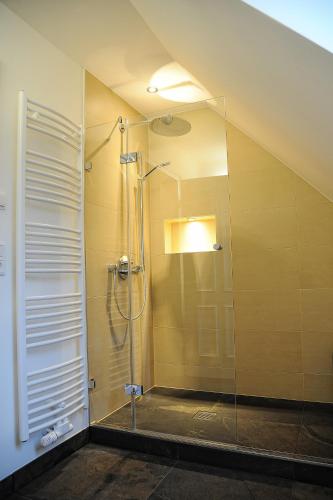 a bathroom with a shower with a glass door at Hotelanlage Starick in Lübbenau
