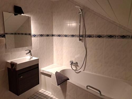 a bathroom with a tub and a sink and a shower at Ferienwohnung 29 in Kreuzwertheim