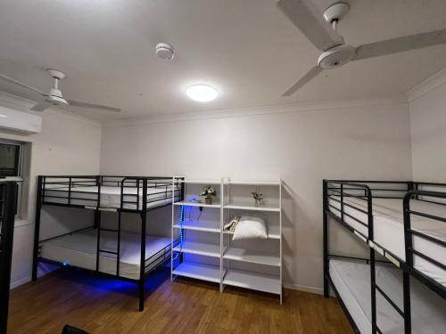 a room with two bunk beds with blue shelves at Tomato Backpackers in Bundaberg
