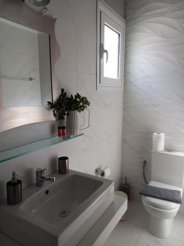 a white bathroom with a sink and a toilet at Mulberry House in Elafonisos