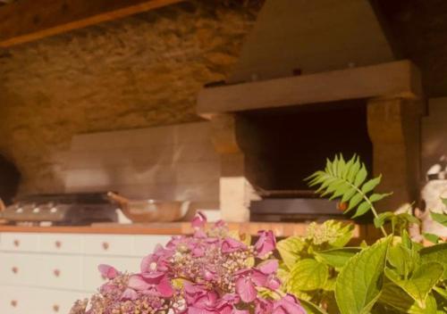 a kitchen with a counter with flowers and a stove at Un gîte spacieux et charmant : Les Charmines in Saint-André-de-Lidon