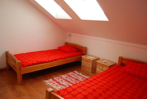2 camas individuales en una habitación con tragaluz en Hostel Pritsukas en Orissaare