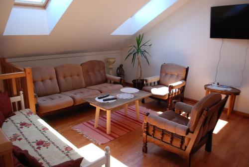 ein Wohnzimmer mit einem Sofa, einem Tisch und Stühlen in der Unterkunft Hostel Pritsukas in Orissaare