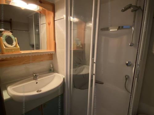 une petite salle de bain avec un lavabo et une douche dans l'établissement Appartement T2 au pied des pistes, 4 couchages, Les Angles - Balcon, Wifi, Parking - FR-1-295-137, aux Angles