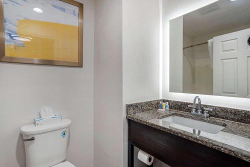 a bathroom with a toilet and a sink and a mirror at Comfort Inn Pensacola near NAS Corry Station in Pensacola
