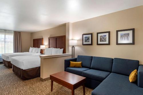 Comfort Inn & Suites في شارلوتسفيل: غرفه فندقيه بسرير واريكه
