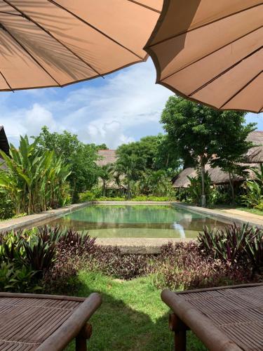 a swimming pool with an umbrella in a yard at Three Little Birds Resort in Anda